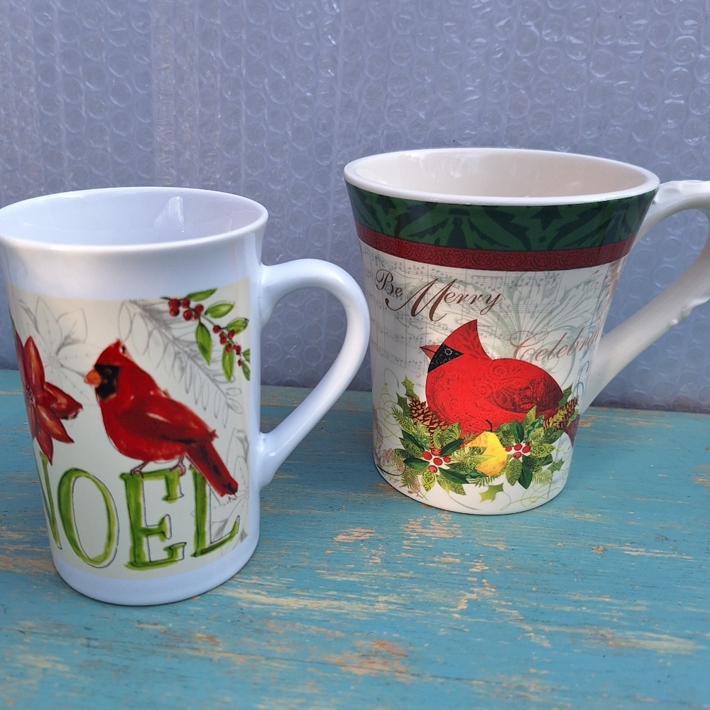 Vintage Christmas Mugs Red Bird Cardinal Be Merry Cracker Barrel Royal Noel Set